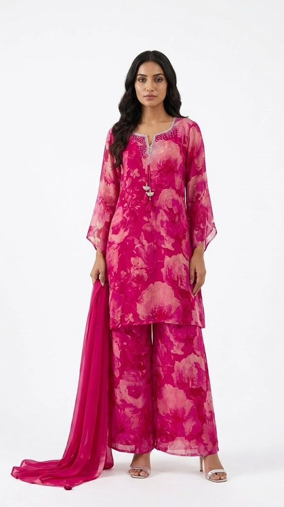 Pink Floral Printed Kurta Set with Chiffon Dupatta
