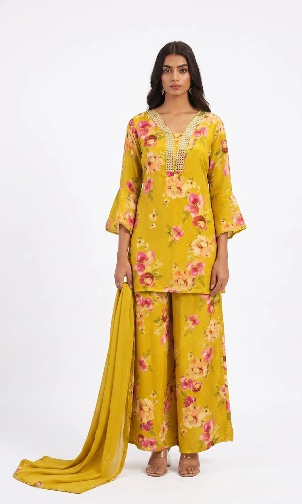 Yellow Floral Bell Sleeve Kurta Set with Dupatta