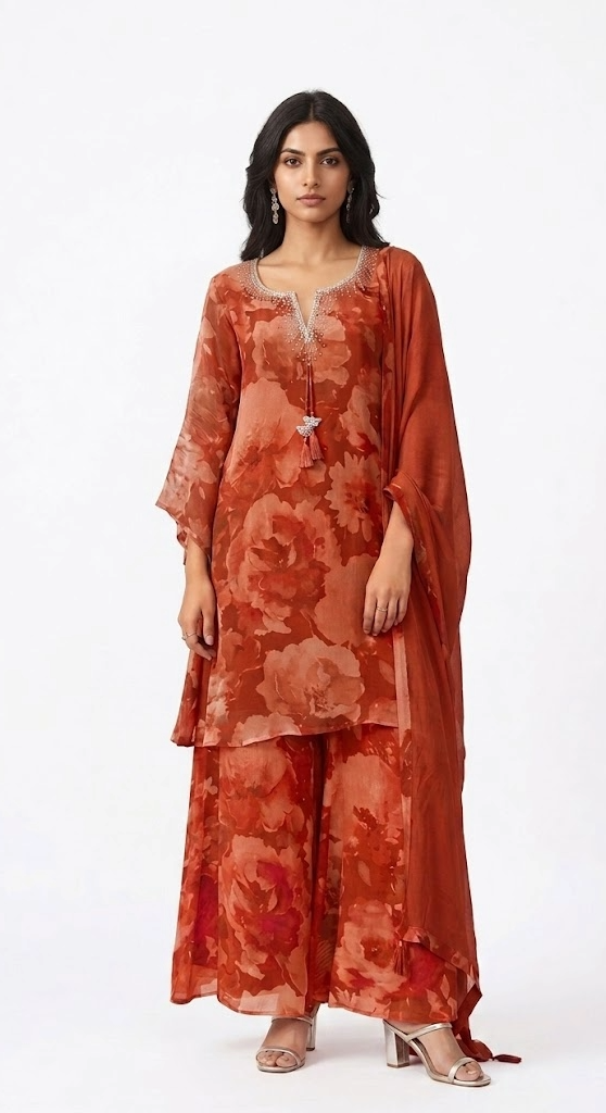 Rust Orange Floral Kurta Set with Sheer Dupatta