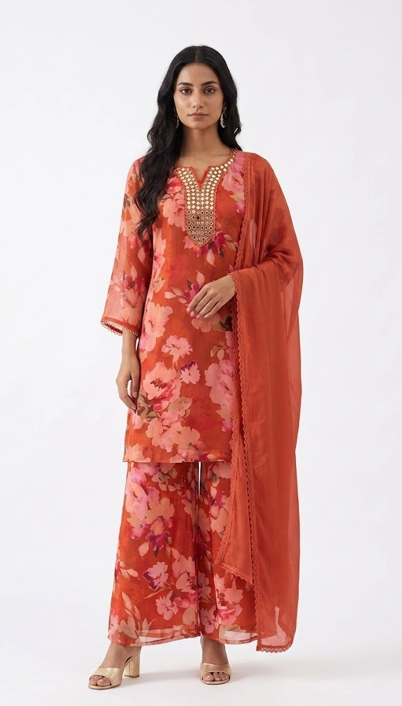 Rust Floral Kurta Set with Mirror Yoke and Lace Dupatta