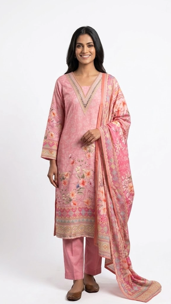 Soft Pink Floral Embroidered Kurta Set with Printed Dupatta