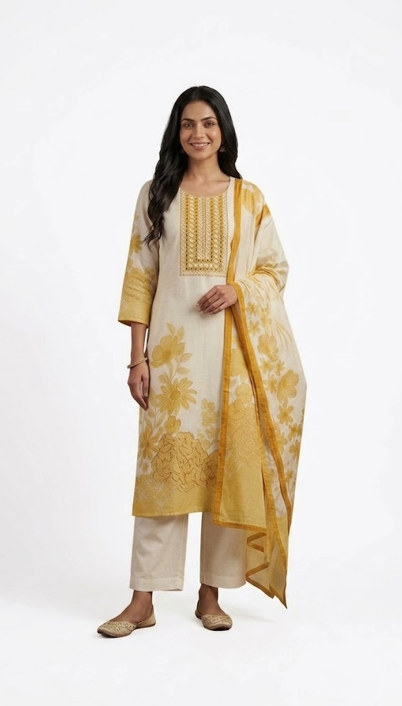 Ivory Yellow Embroidered Kurta Set with Floral Print
