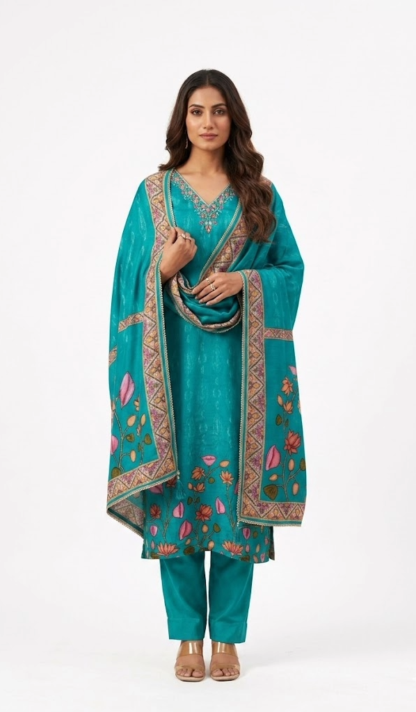 Teal Floral Embroidered Kurta Set with Heavy Border Dupatta