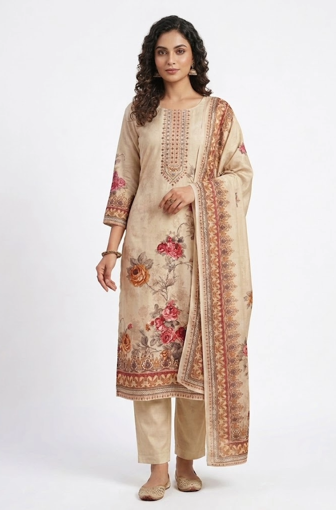 Beige Rose Floral Printed Kurta Set with Embroidered Yoke