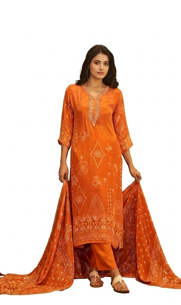 Orange Bandhani Print Kurta Set with Embellished Neck