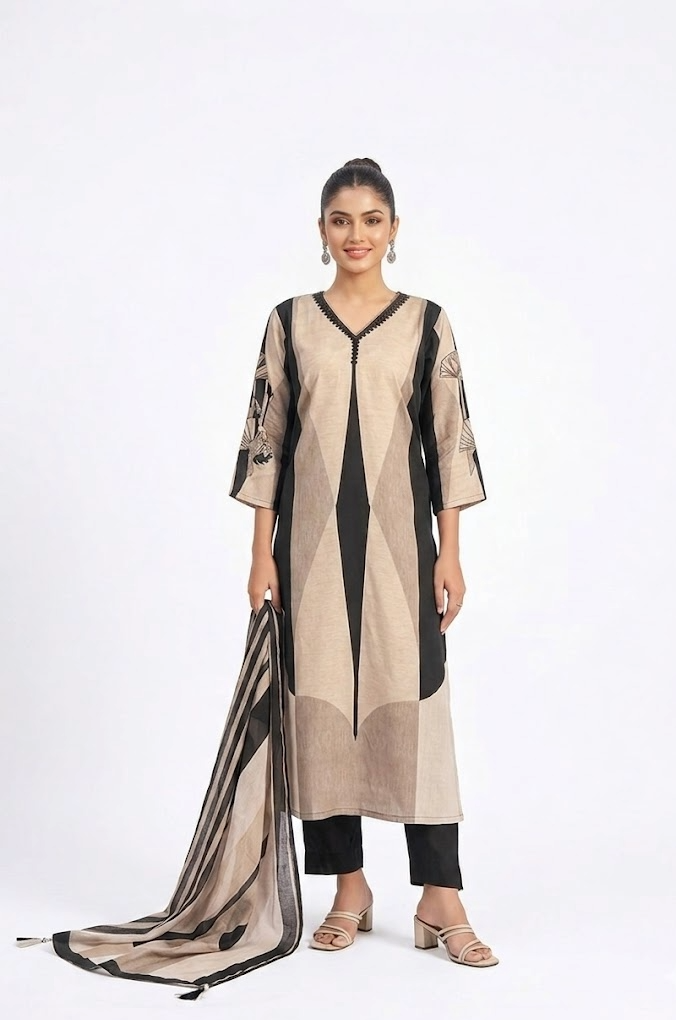 Beige & Black Geometric Print Kurta Set with Dupatta