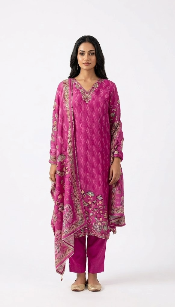 Pink Paisley Embroidered Kurta Set with Dupatta