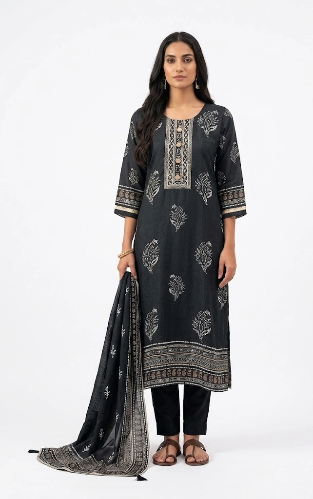 Black Floral Block Print Kurta Set with Border Detail