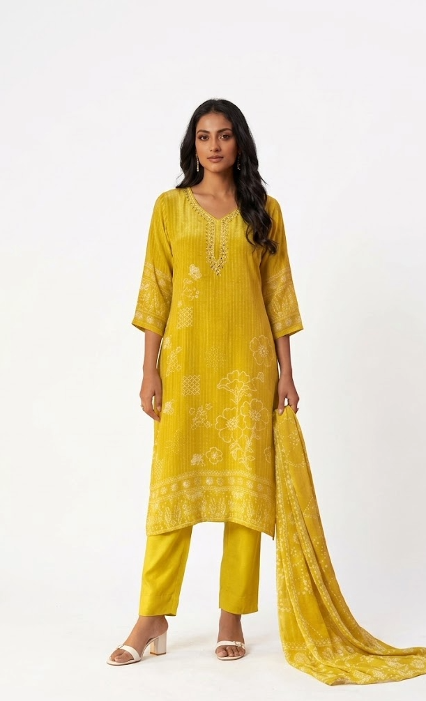 Mustard Yellow Bandhani Print Kurta Set with V-Neck Embroidery