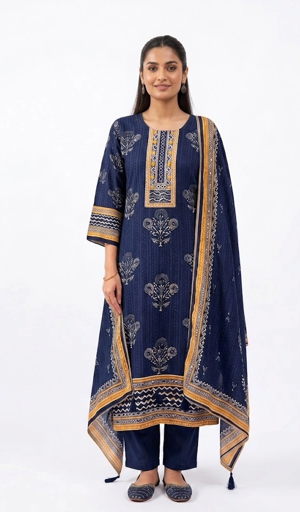 Navy Blue Block Print Kurta Set with Mustard Border Dupatta