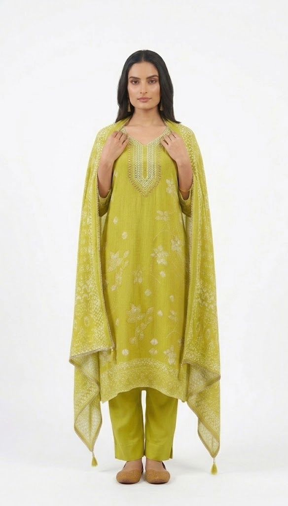 Mehendi Green Bandhani Print Kurta Set with Embroidered Yoke