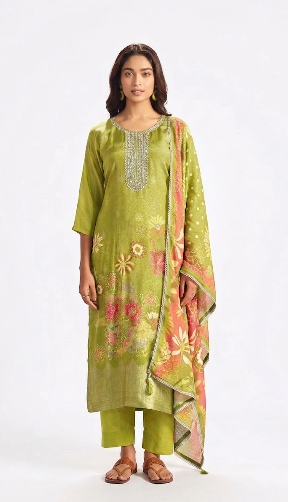 Mehendi Green Floral Embroidered Kurta Set with Print Dupatta