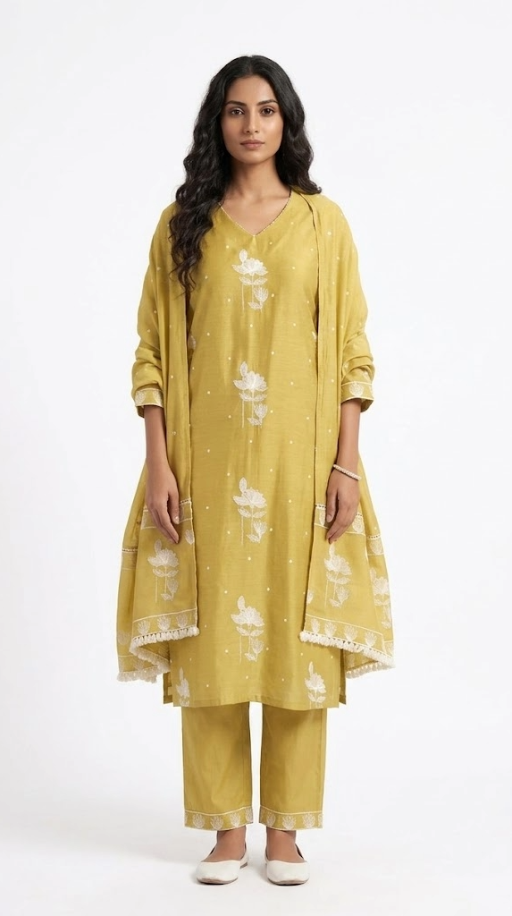 Mustard Yellow Lotus Embroidered Kurta Set with Pom-Pom Dupatta