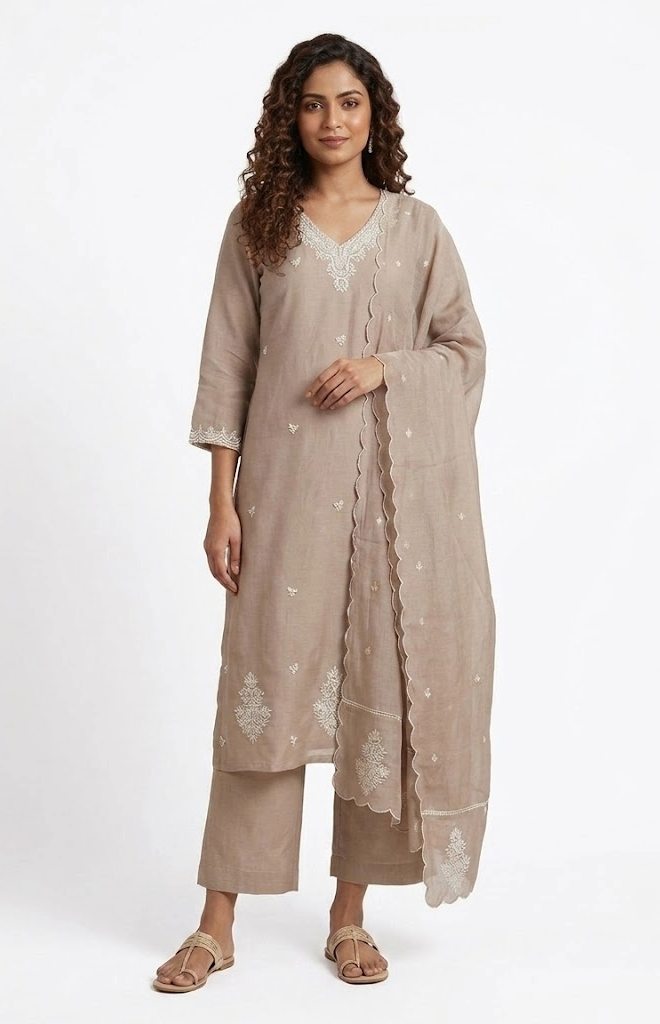 Beige Scalloped Edge Embroidered Kurta Set with Sheer Dupatta