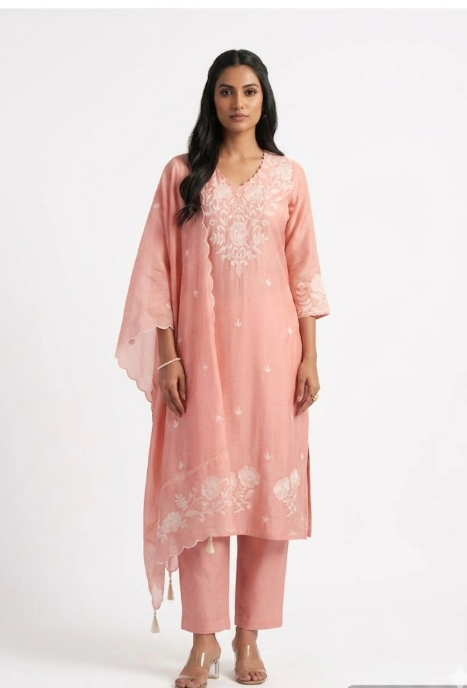 Peach Floral Embroidered Kurta Set with Scalloped Dupatta