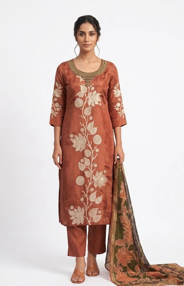 Rust Brown Floral Vine Embroidered Kurta Set with Print Dupatta