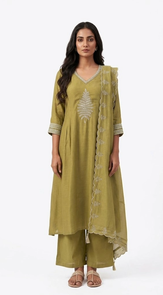 Olive Green Motif Embroidered Kurta Set with Scalloped Dupatta