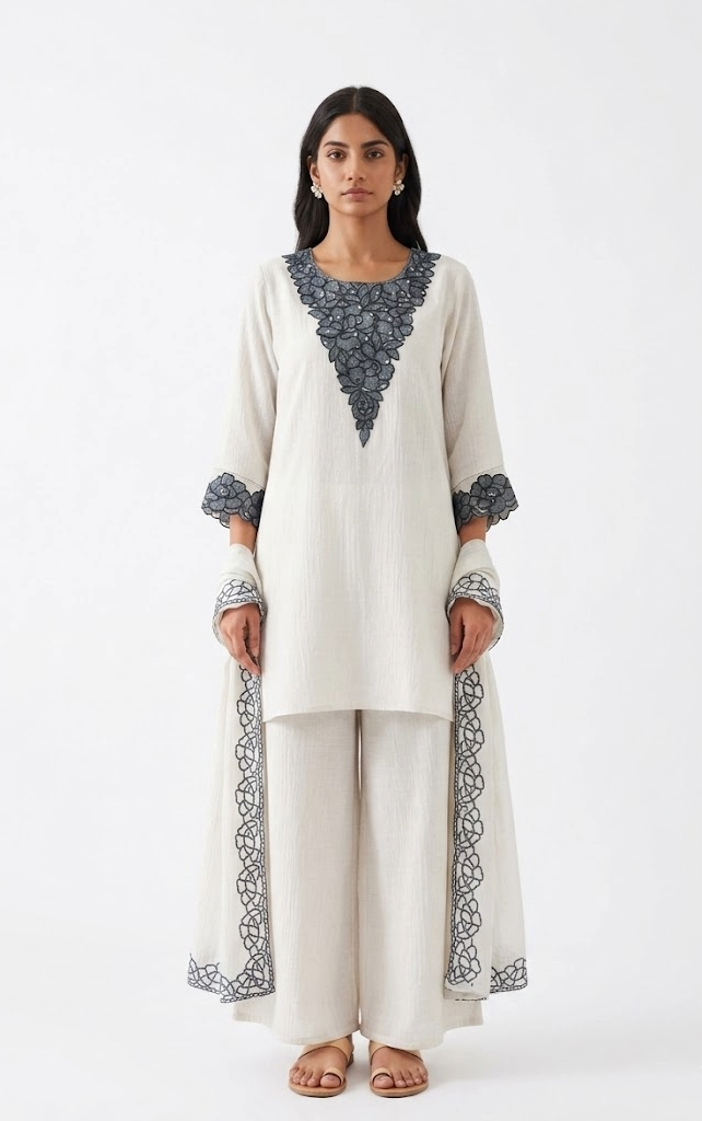 Ivory Embroidered Kurta Set with Palazzo and Dupatta