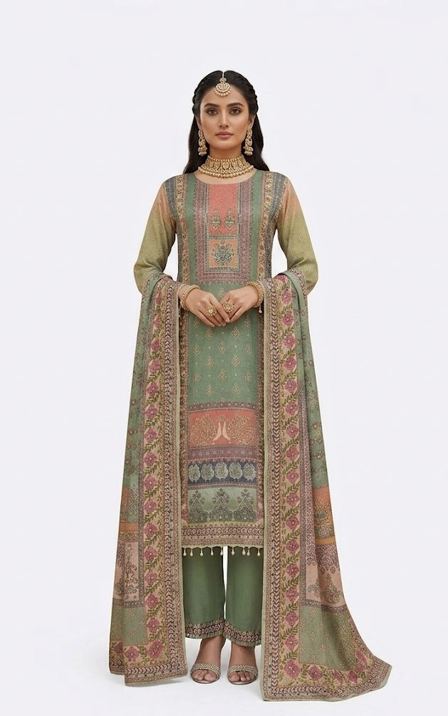 Sage Green Mughal Print Kurta Set with Heavy Border Dupatta