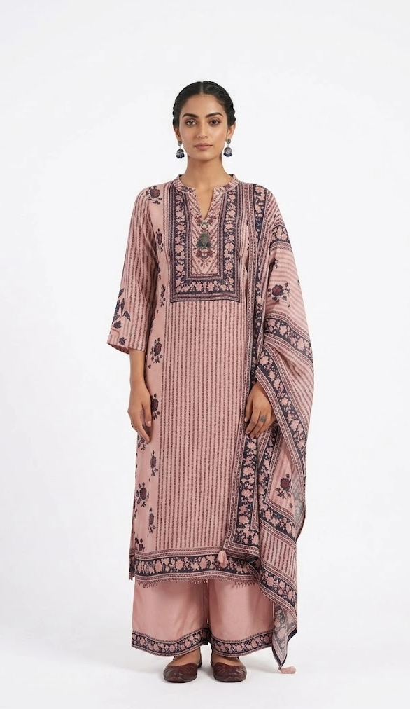 Dusty Pink Floral Block Print Kurta Set with Embroidered Yoke