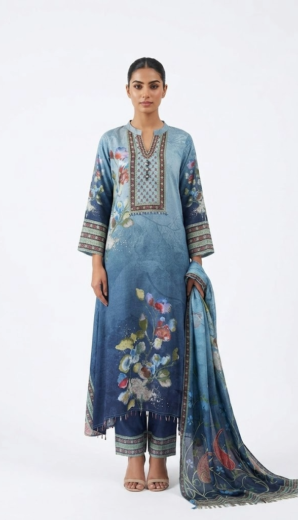 Blue Watercolor Floral Print Kurta Set with Embroidered Neckline