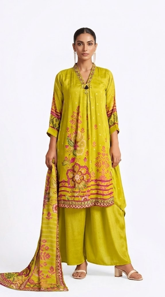 Lime Yellow Floral Print A-Line Kurta Palazzo Set with Dupatta