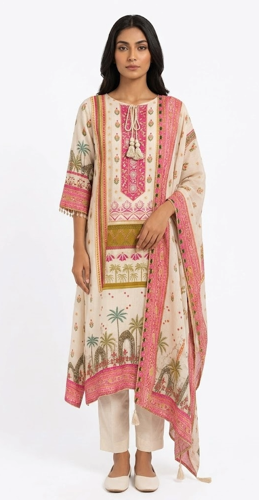 Ivory & Pink Palm Tree Print Straight Kurta Pant Set with Dupatta