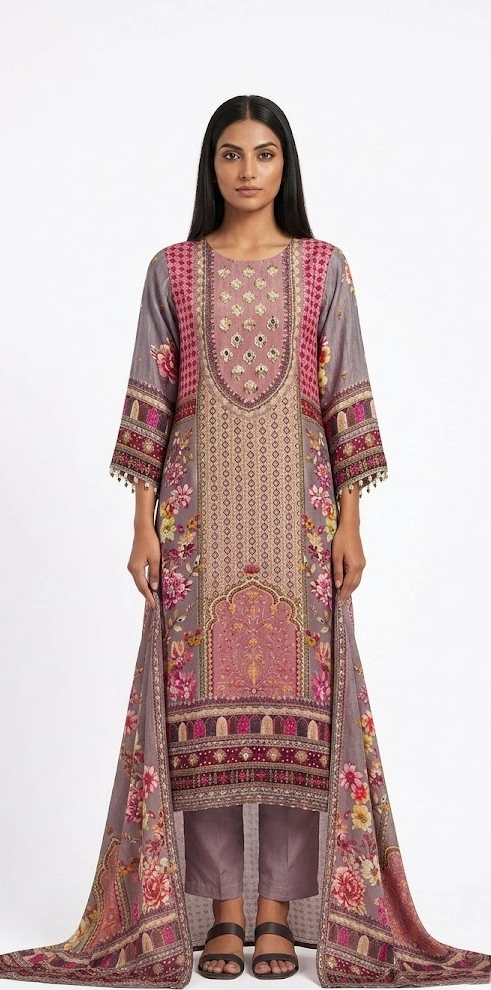 Mauve & Pink Embroidered Floral Long Kurta Pant Set with Dupatta