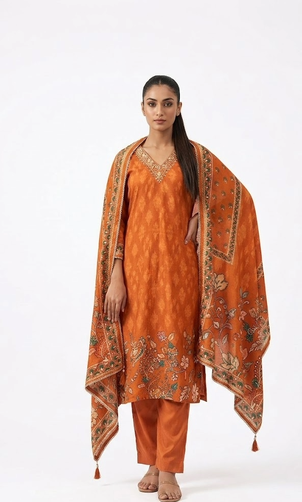 Orange Ikat Print Kurta Set with Dupatta