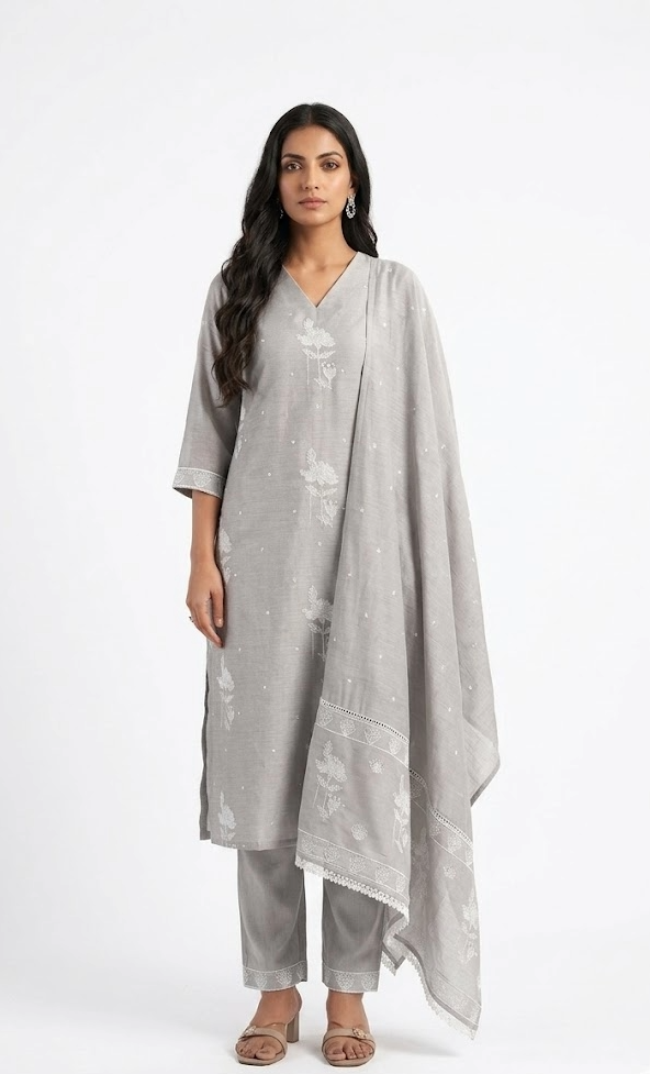 Grey Chikankari Mulchanderi Kurta Set with Dupatta