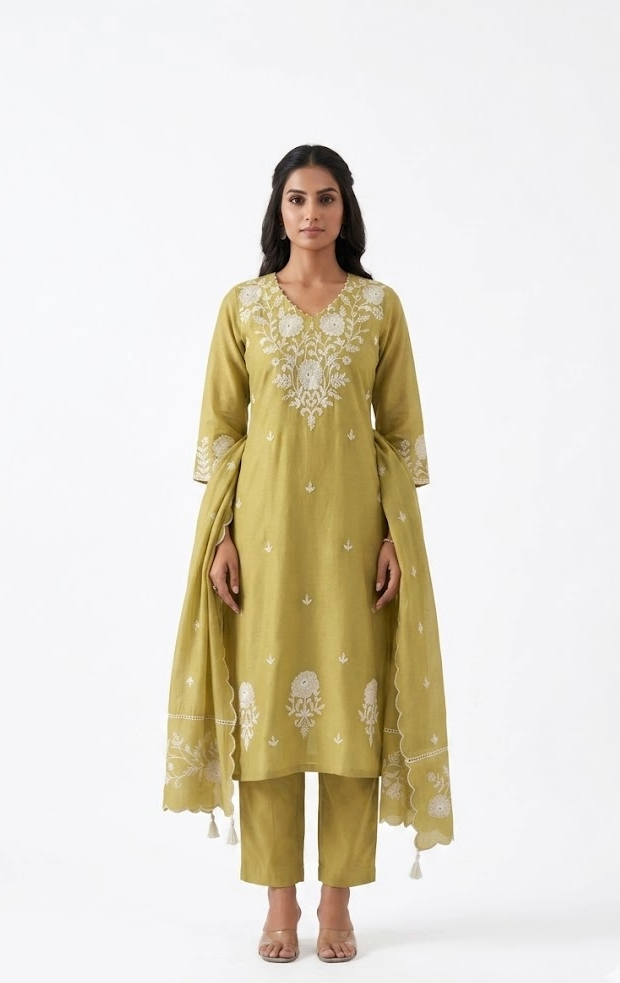 Yellow Green Chikankari Mulchanderi Kurta Set with Dupatta