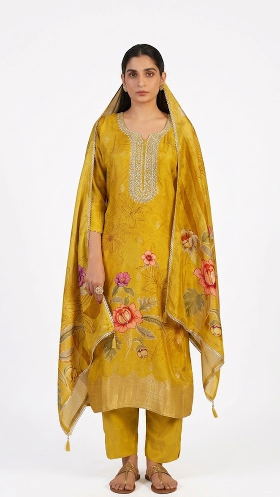 Yellow Floral Print Pure Viscose Kurta Set with Dupatta