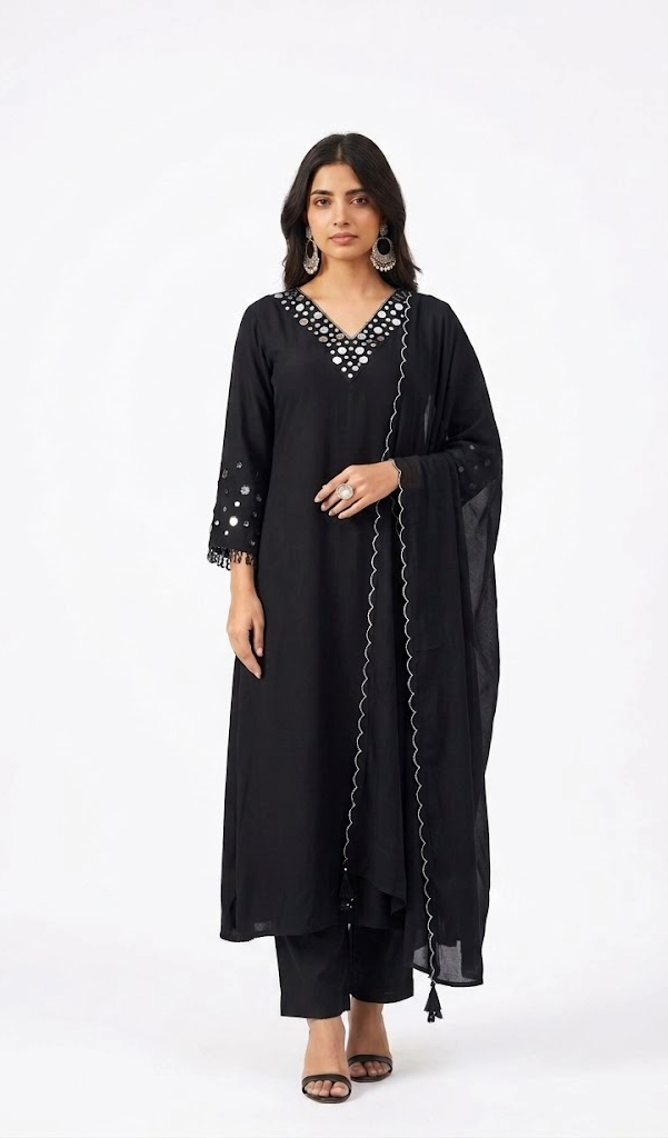 Black Mirror Work Kurta Set with Dupatta