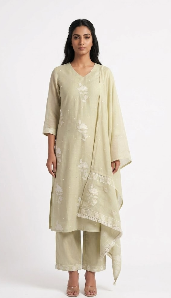 Light Green Chikankari Mulchanderi Kurta Set with Dupatta