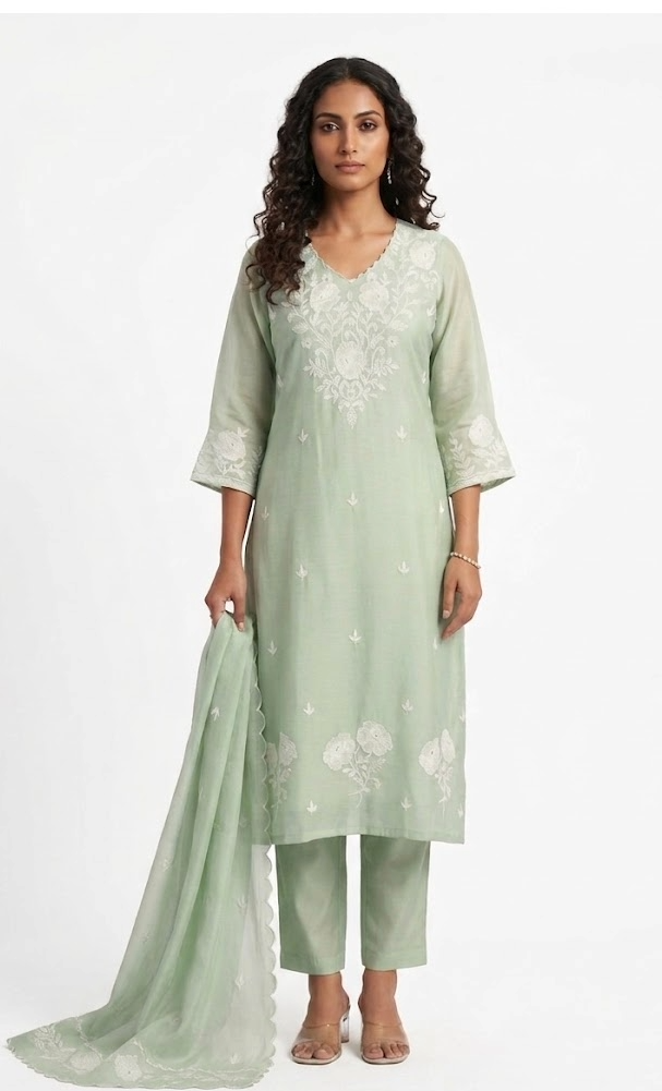 Mint Green Chikankari Mulchanderi Kurta Set with Dupatta