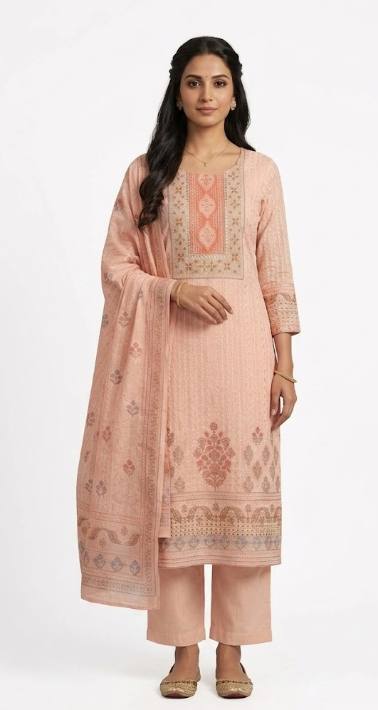 Peach Floral Embroidered Cotton Kurta Set with Dupatta