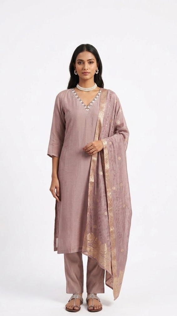 Mauve Mirror Work Mulchanderi Kurta Set with Dupatta