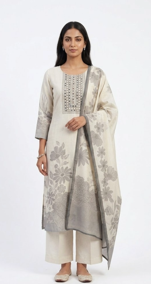 Ivory Grey Floral Print Linen Kurta Set with Dupatta