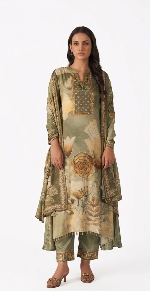 Sage Green Botanical Print Pure Viscose Kurta Set with Dupatta