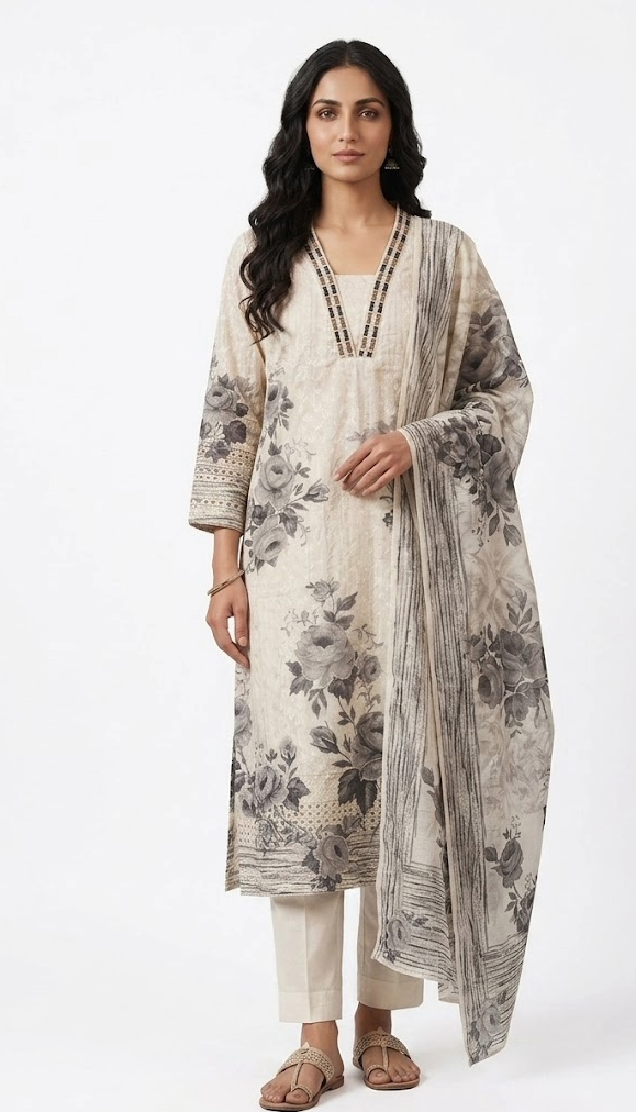 Ivory Grey Rose Print Cotton Kurta Set with Dupatta