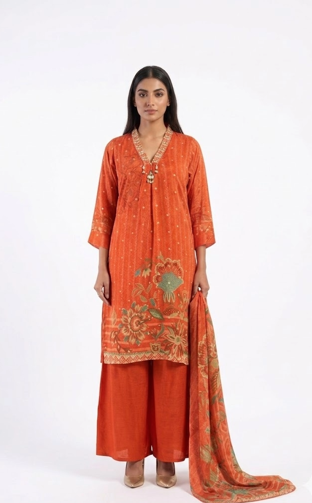 Rust Orange Floral Print Pure Viscose Kurta Set with Dupatta