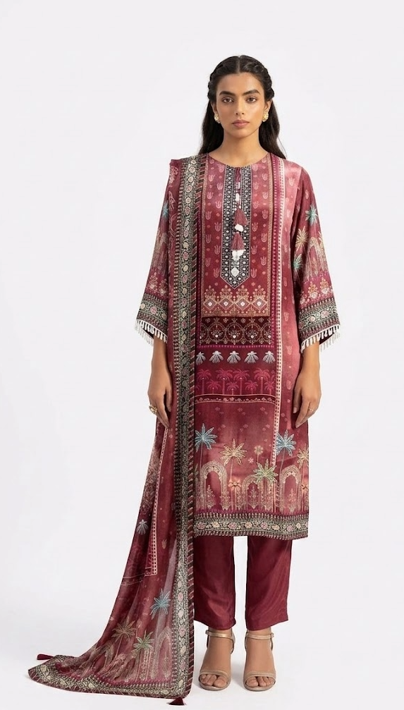 Maroon Tribal Print Pure Viscose Kurta Set with Dupatta