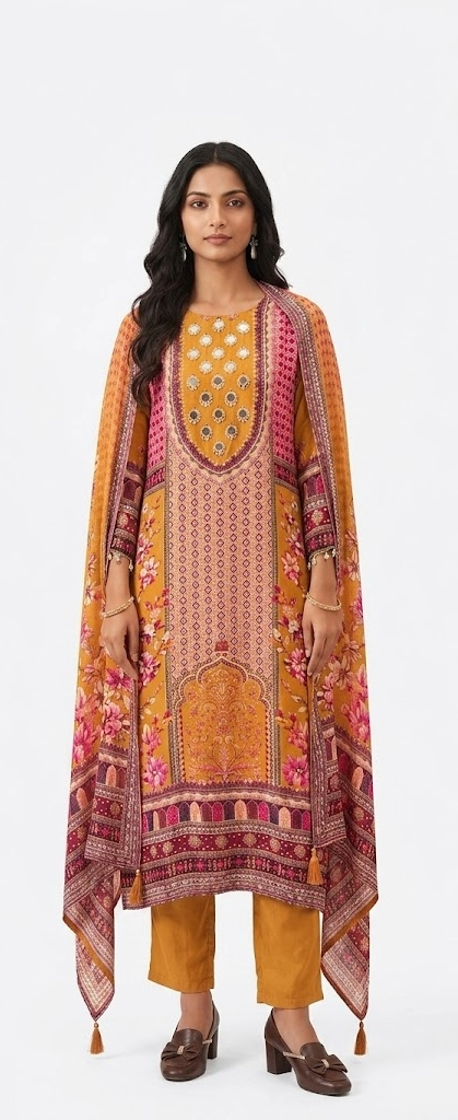 Mustard Geometric Print Pure Viscose Kurta Set with Dupatta