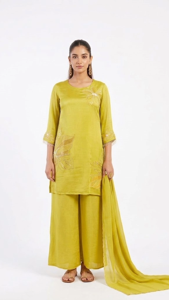 Mehendi Green Floral Embroidered Kurta Set with Palazzo