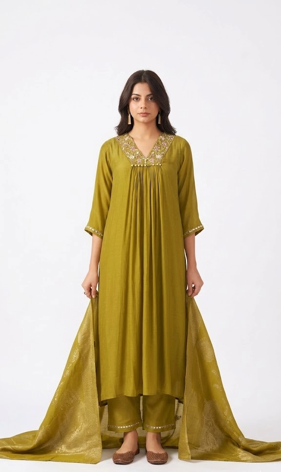 Mehendi Green Pleated Kurta Set with Tissue Dupatta