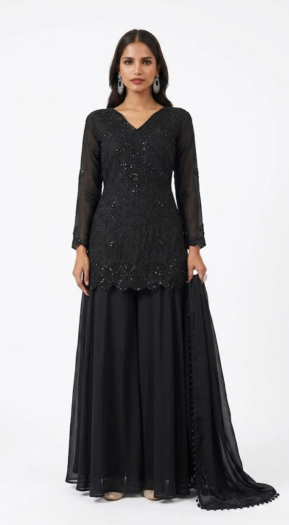 Black Sequin Embroidered Sharara Set with Dupatta