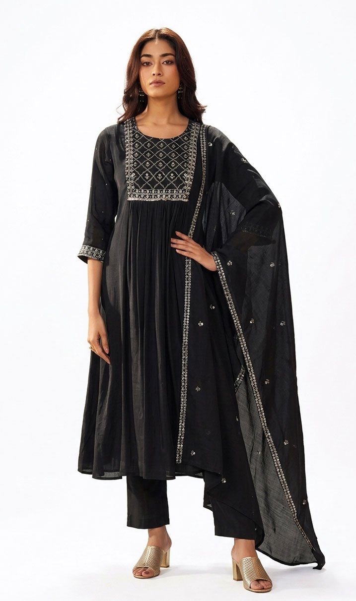 Black Mirror Yoke Anarkali Kurta Set with Dupatta