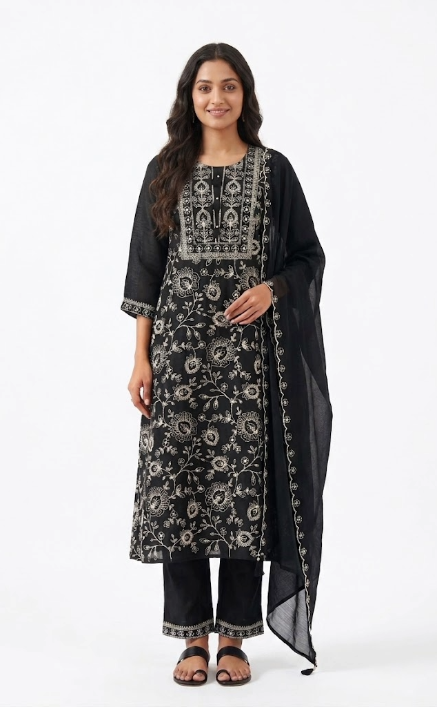 Black Floral Embroidered Kurta Set with Dupatta