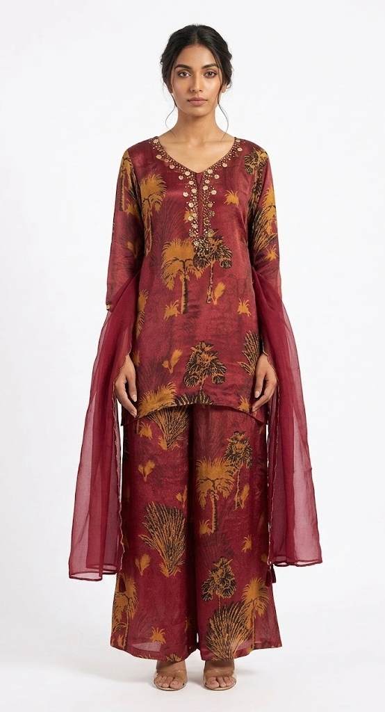 Maroon Palm Print Kurta Set with Sheer Dupatta