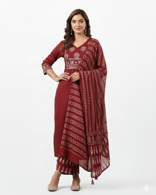 Duku Women's Blue Embroidered Kurti with Printed Pants & Dupatta